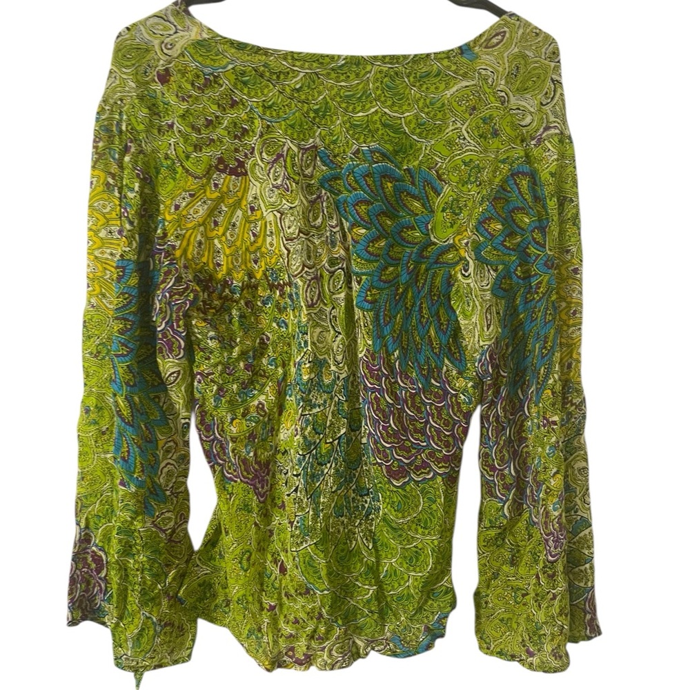 Pheobe Buffay‎ Style Green Peacock Print Top Split Tie Bell Sleeve L Boho Rayon - Picture 2 of 5